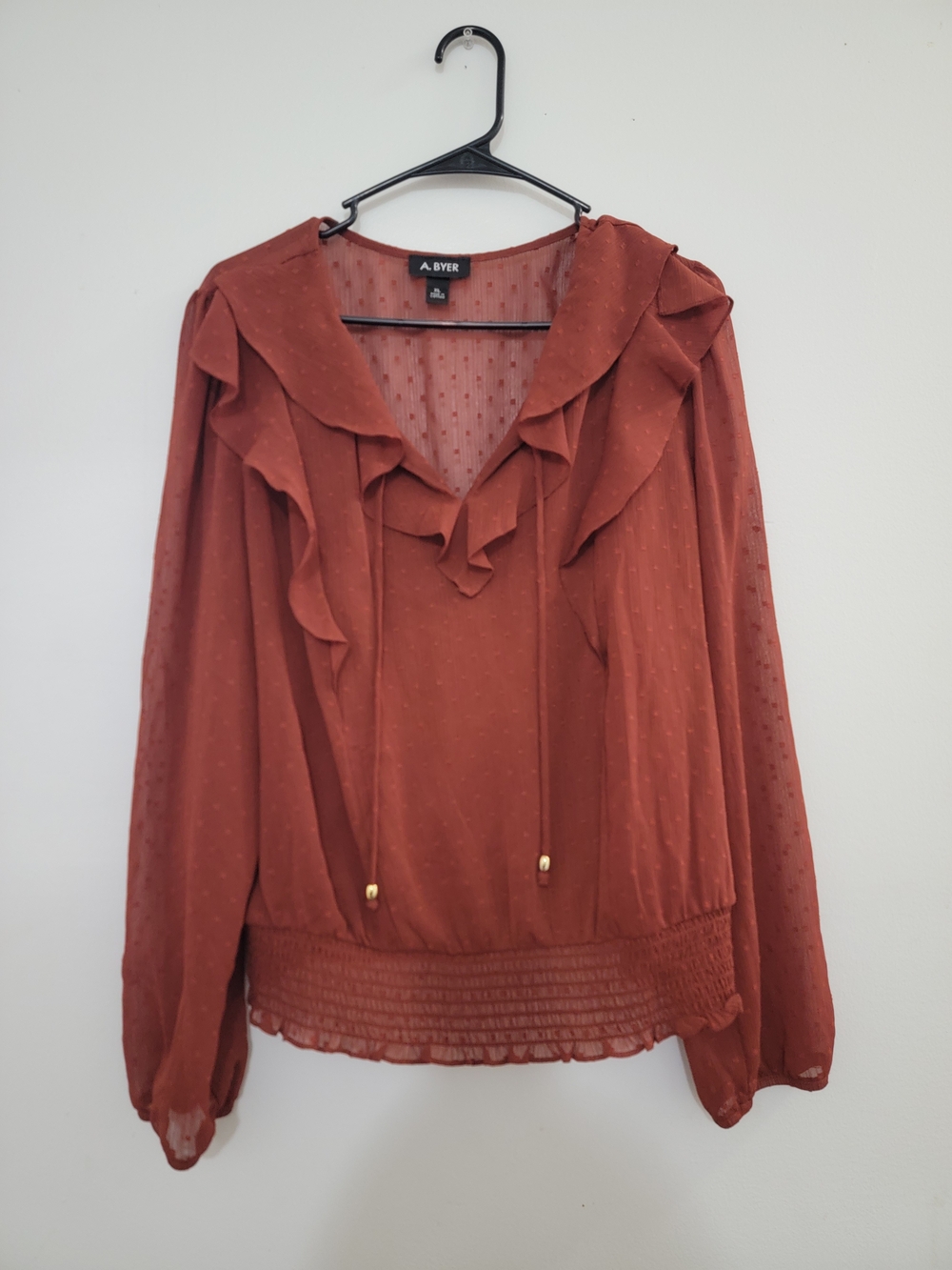 A. Byer Rust Ruffle V-Neck Long-Sleeve Blouse